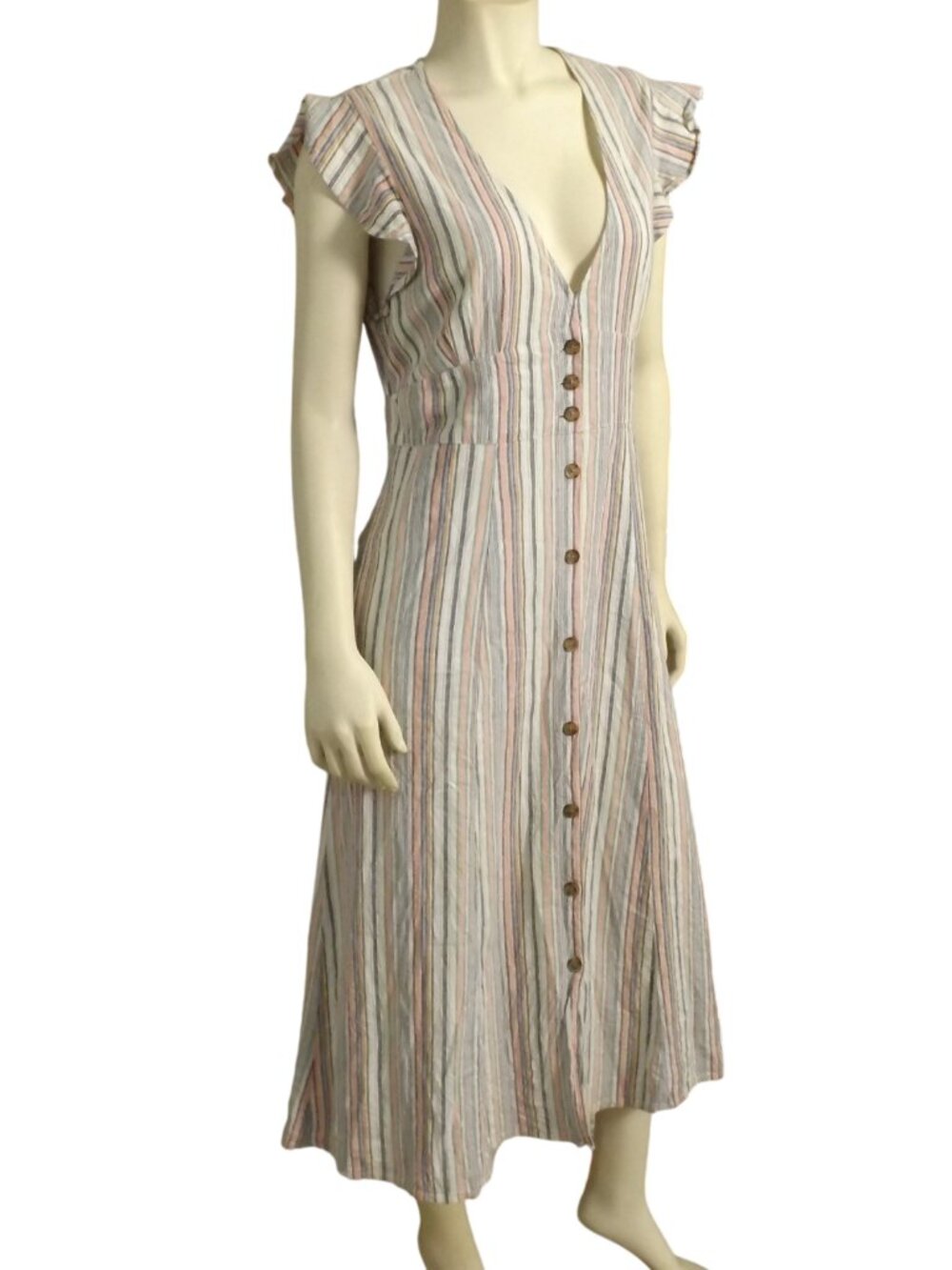 MARINE LAYER Midi Dress, L, Multicolor Stripes, Button front, Ruffle cap sleeve - Picture 3 of 15